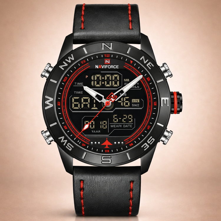 Naviforce watch with black leather strap and red stitching on a beige background