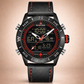 Naviforce watch with black leather strap and red stitching on a beige background