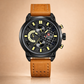 Naviforce watch with brown leather strap and black dial on beige background