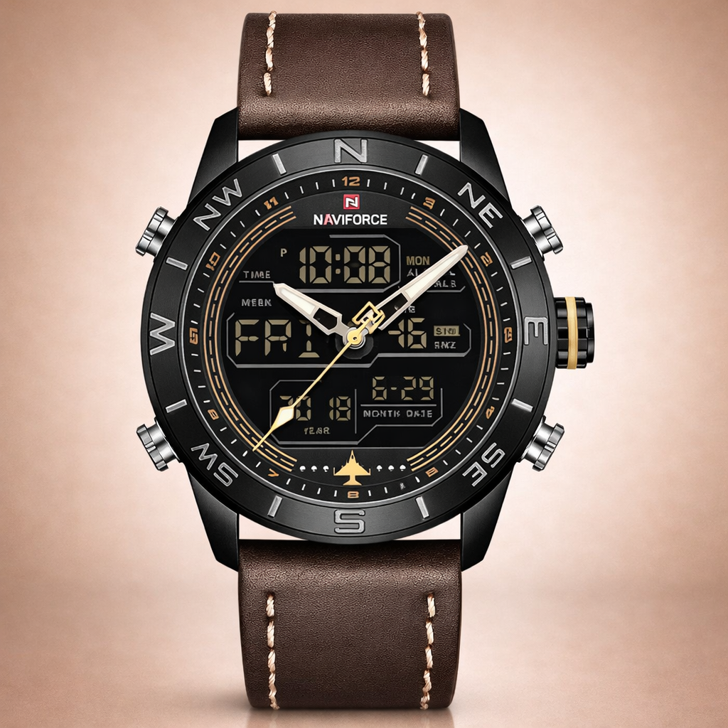 Naviforce watch with brown leather strap and digital display on beige background