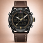 Naviforce watch with brown leather strap and digital display on beige background