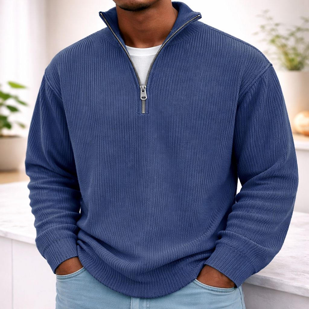 Navy Blue Men’s Corduroy Stand-Collar Zip Sweatshirt
