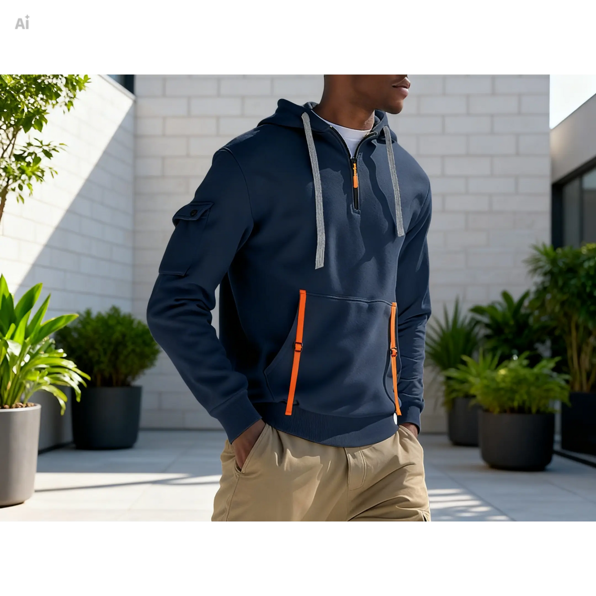 Men's fleece-lined hoodie for everyday wear, navy blue with orange accents, worn by a model outdoors.