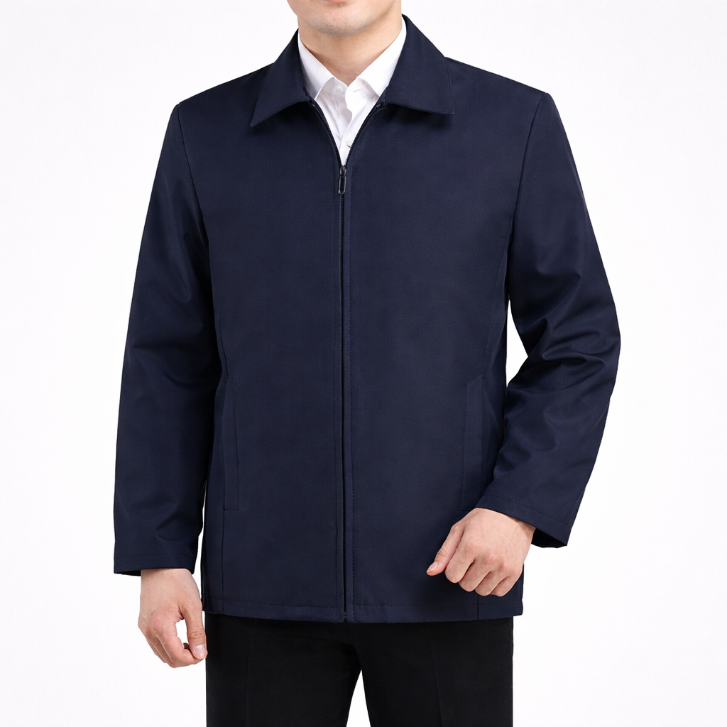 Navy blue jacket worn by a person on a white background