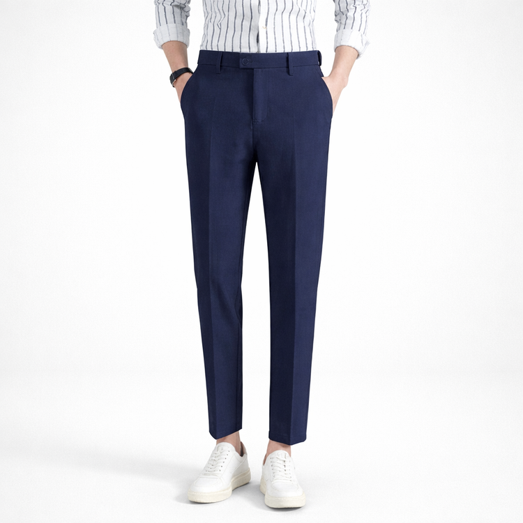 Navy blue pants worn with a white and blue striped shirt on a white background