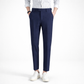 Navy blue pants worn with a white and blue striped shirt on a white background