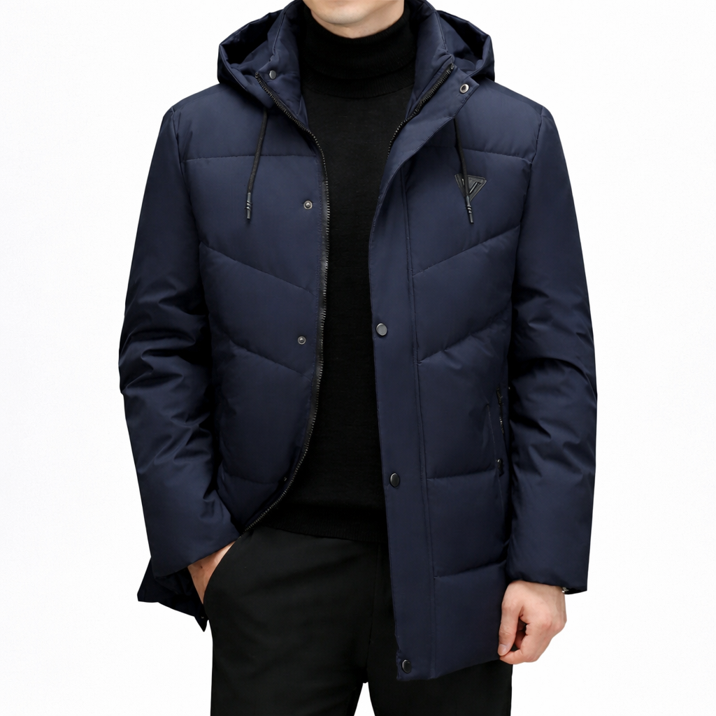 Navy blue puffer jacket worn by a person on a white background