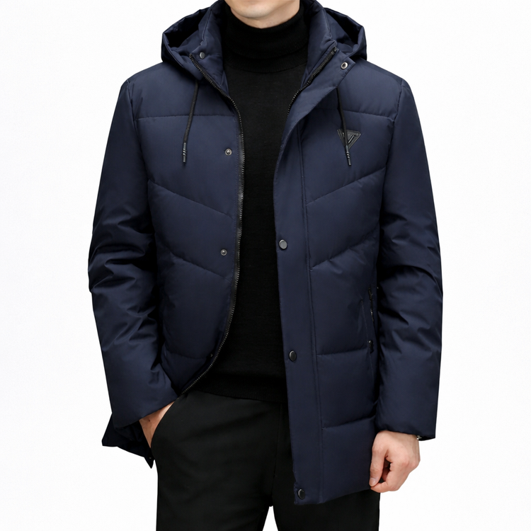 Navy blue puffer jacket worn by a person on a white background