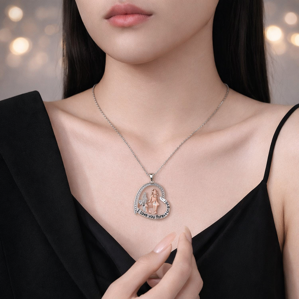 Necklace with a pendant worn by a person, against a blurred background