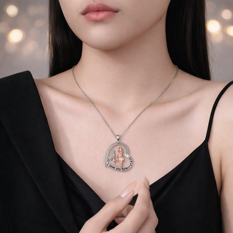 Necklace with a pendant worn by a person, against a blurred background