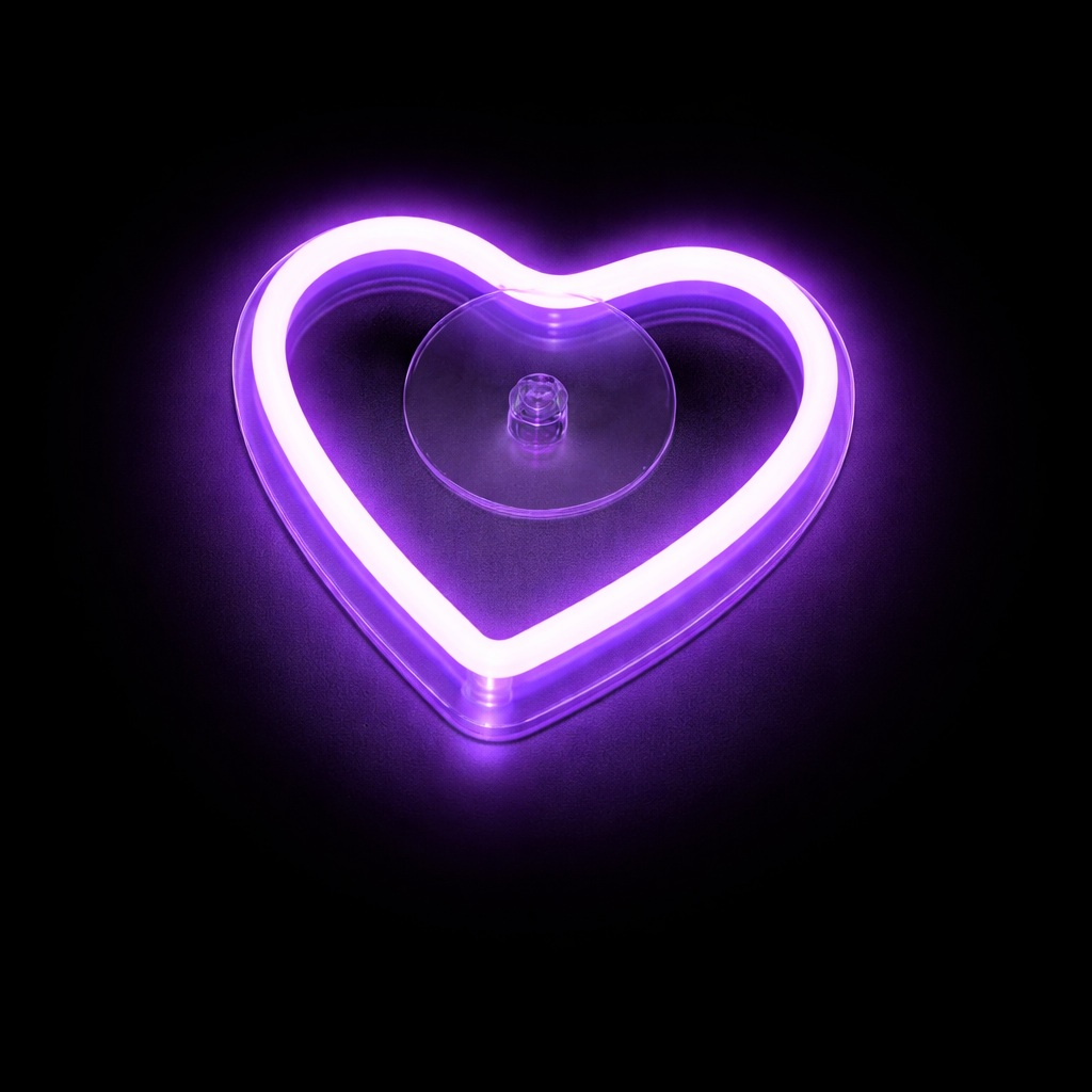 Neon purple heart-shaped light on a black background