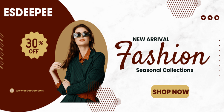 Promotional banner for Esdeepee with a woman in sunglasses and a green outfit, featuring a 30% off discount and 'Shop Now' call to action.