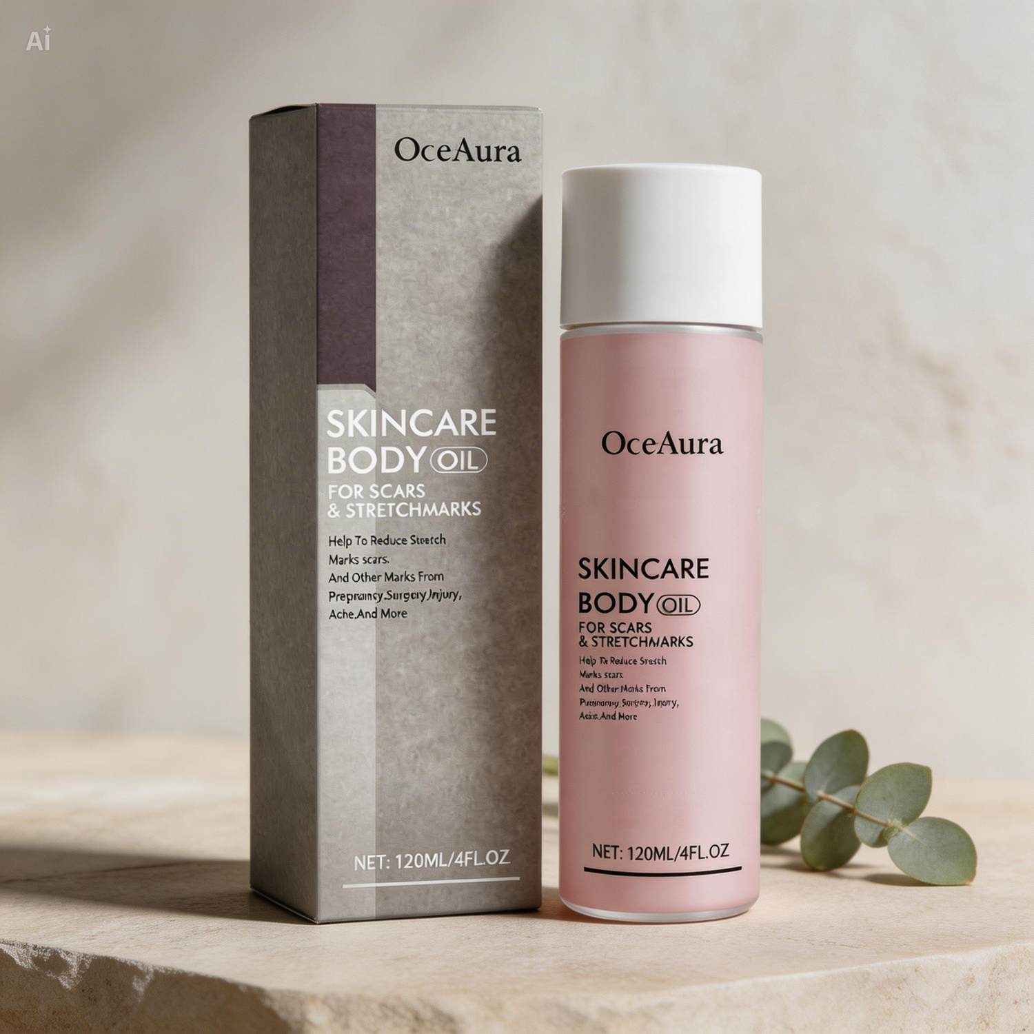 OceAura skincare body oil bottle and packaging on a neutral background