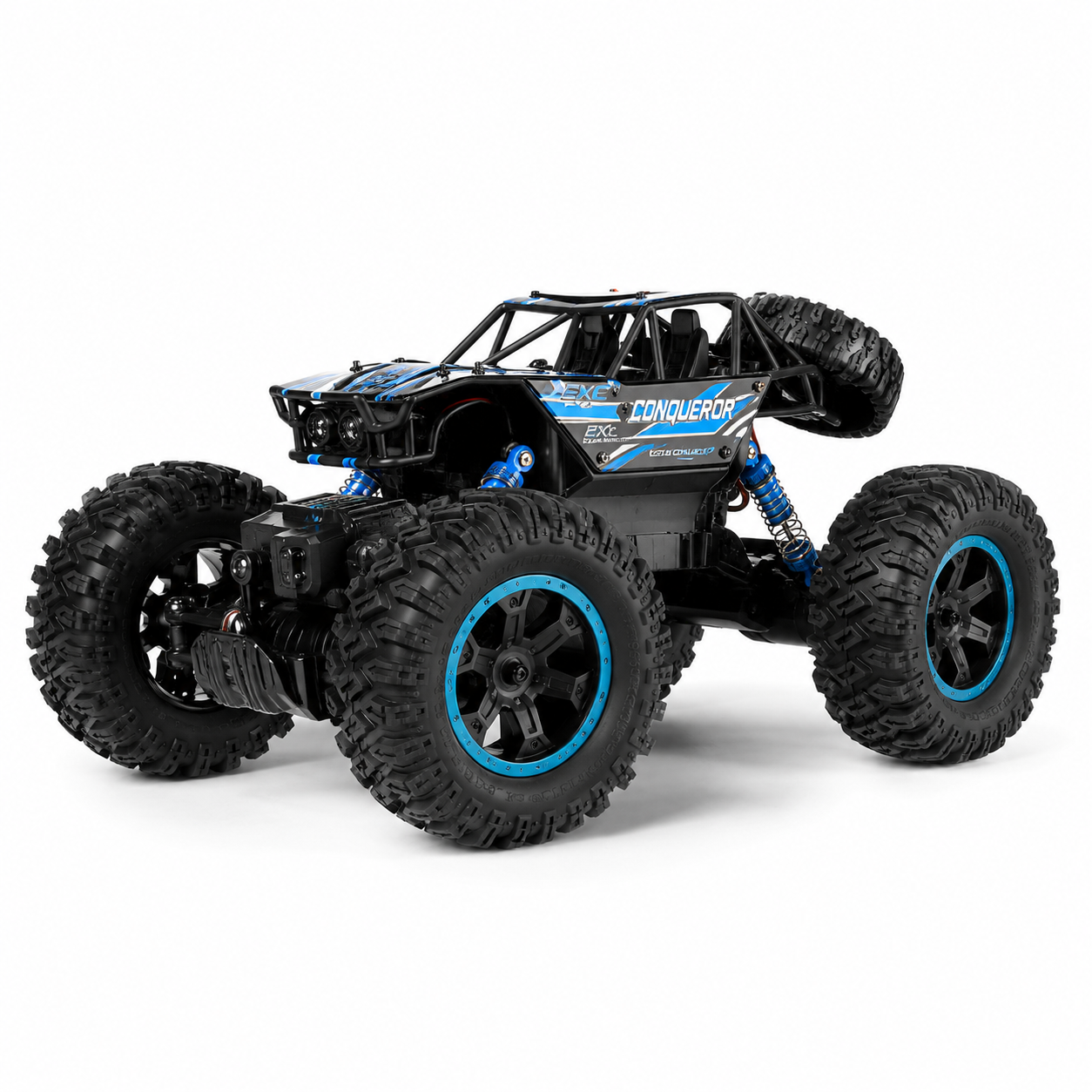 Black and blue off-road vehicle model on a white background