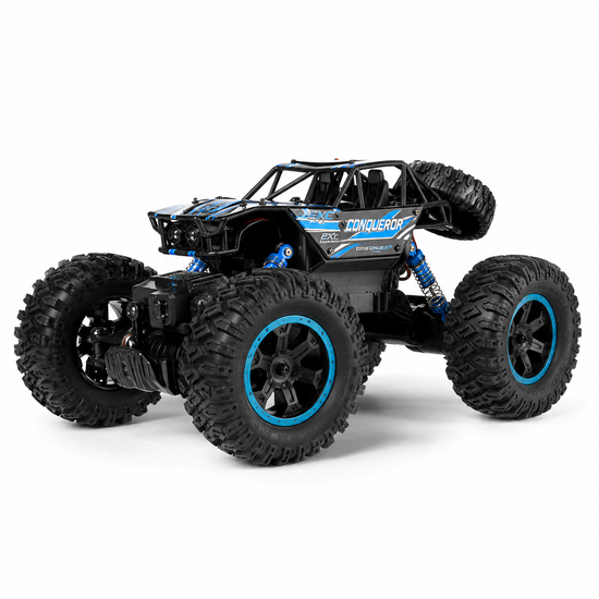 Black and blue off-road vehicle model on a white background