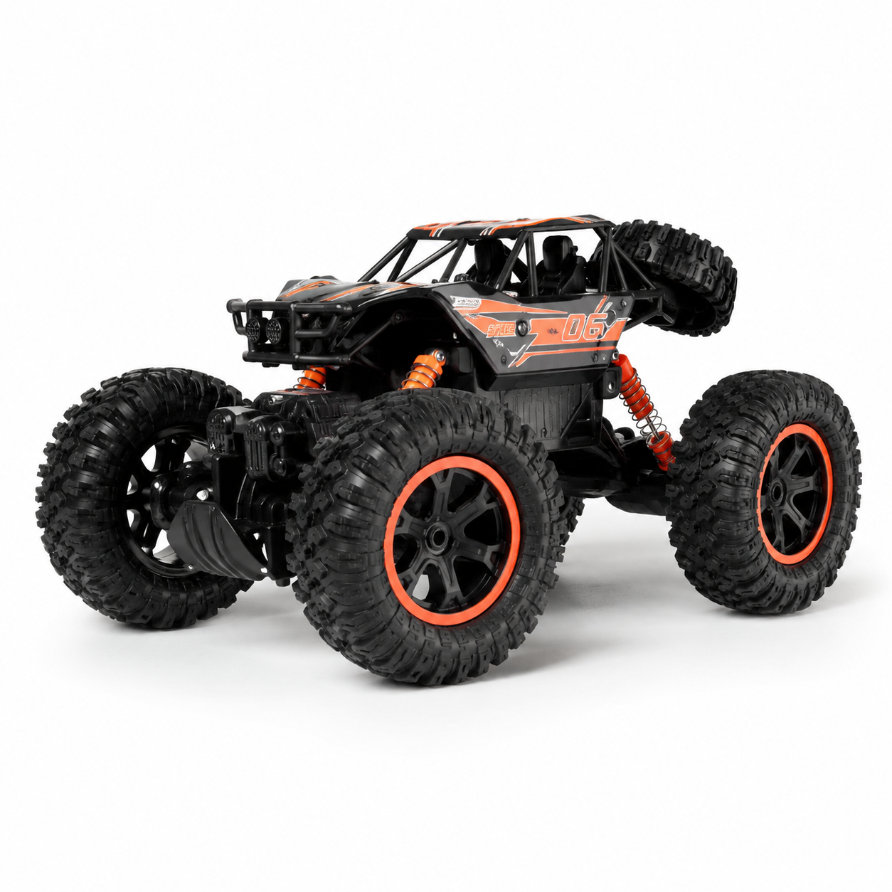 Black and orange remote control monster truck on a white background