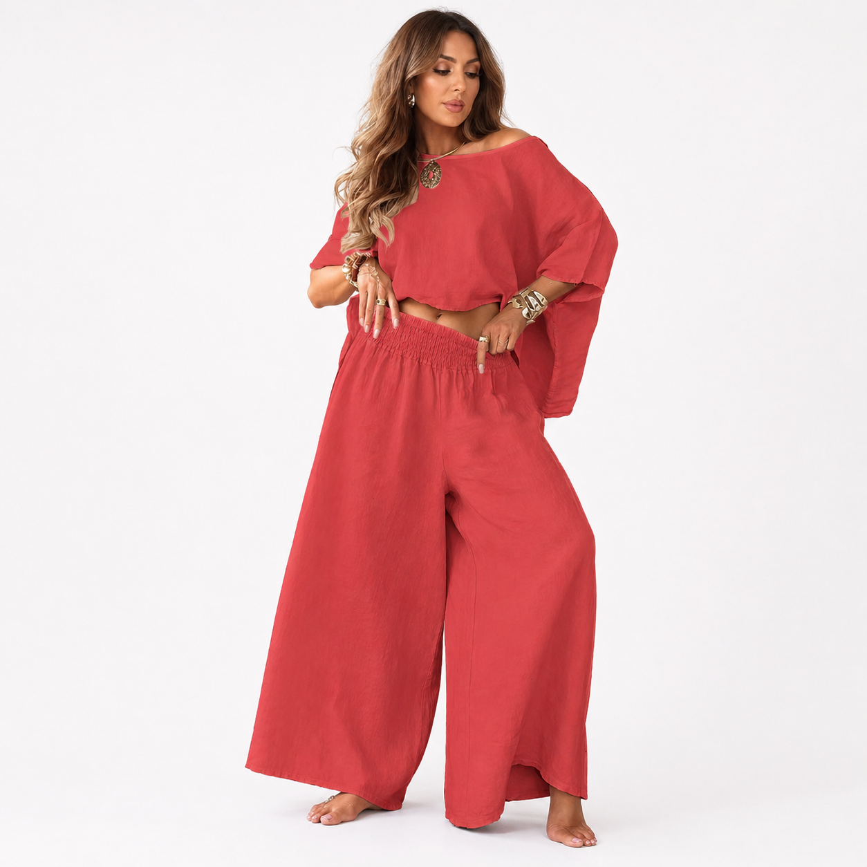 Woman wearing a red outfit on a white background