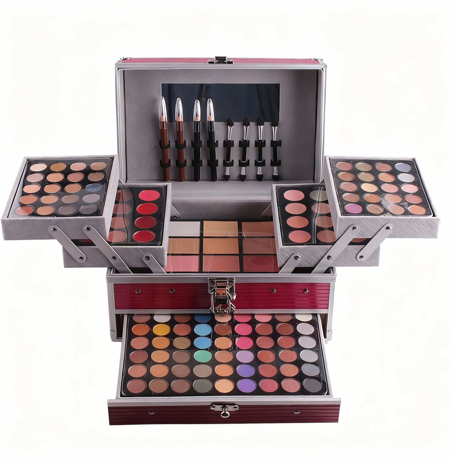 Makeup set with various colors and products in an open case on a white background