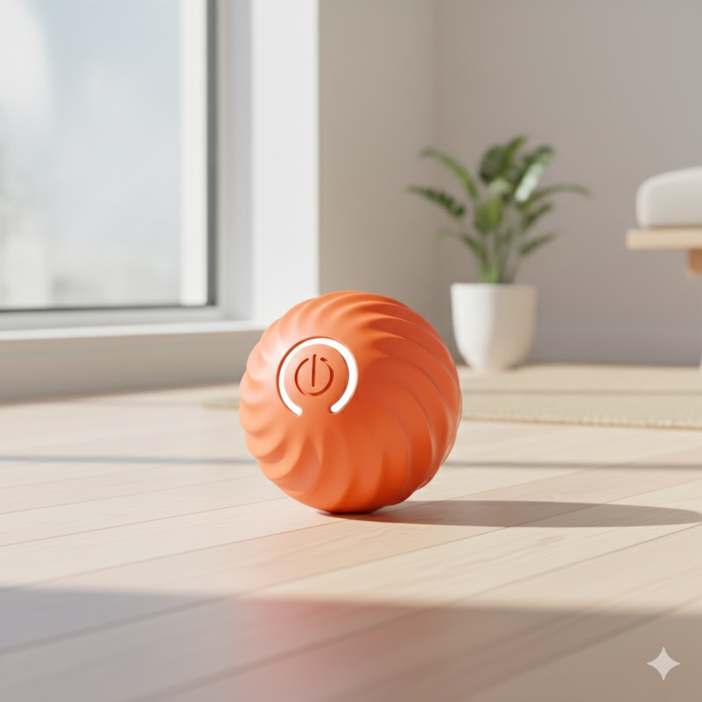 Orange ball with a power symbol on a wooden surface near a window
