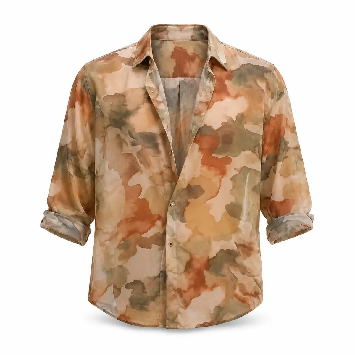 Watercolor camouflage sheer shirt, oversized in earthy tones, front view with rolled-up sleeves on display.