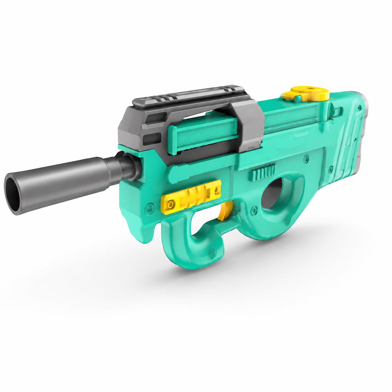 Toy gun with teal body, gray barrel, and yellow accents on a white background