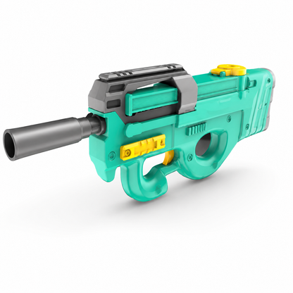 Toy gun with teal body, gray barrel, and yellow accents on a white background