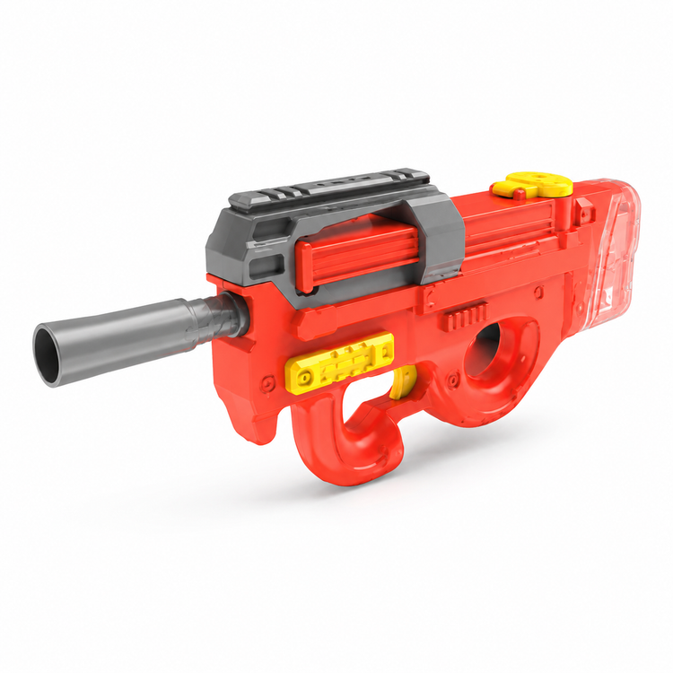 Red toy gun with gray and yellow accents on a white background