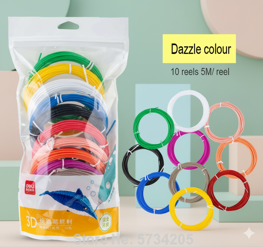 Packaged 3D printing filament with colorful reels and Deli branding on a light green background.