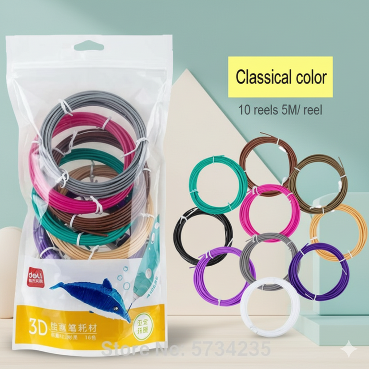 Packaged 3D printing filament with colorful rings and packaging on a light blue background