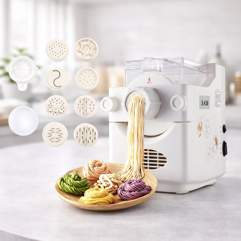 Pasta maker with various pasta shapes and a plate of freshly made pasta on a light background 