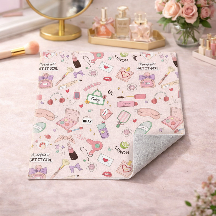 Patterned product on a surface with decorative items in the background