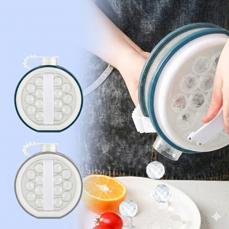 Person holding a silicone ice cube tray with ice cubes and fruits on a table.