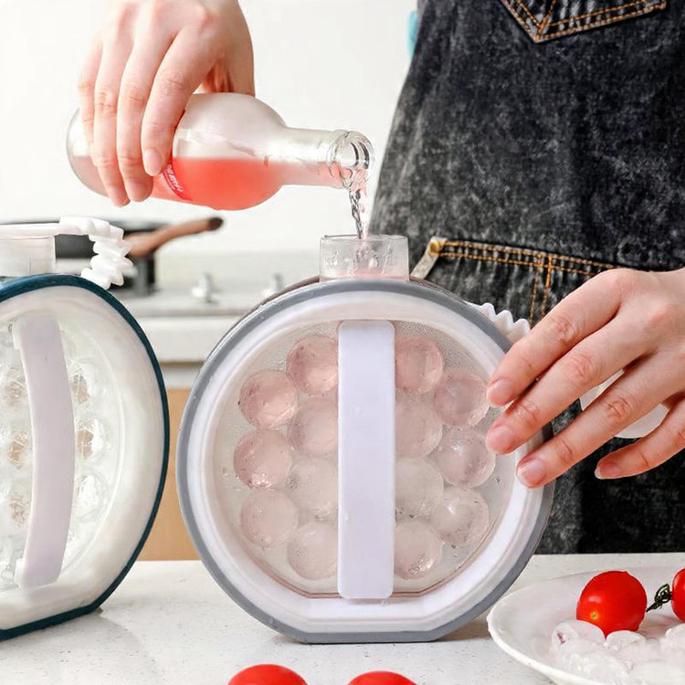 Person pouring a pink liquid into a container with ice cubes on a kitchen counter.
