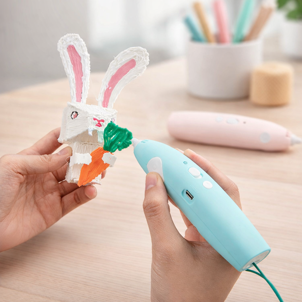 Person using a 3D printing pen to create a bunny and carrot model on a wooden table.
