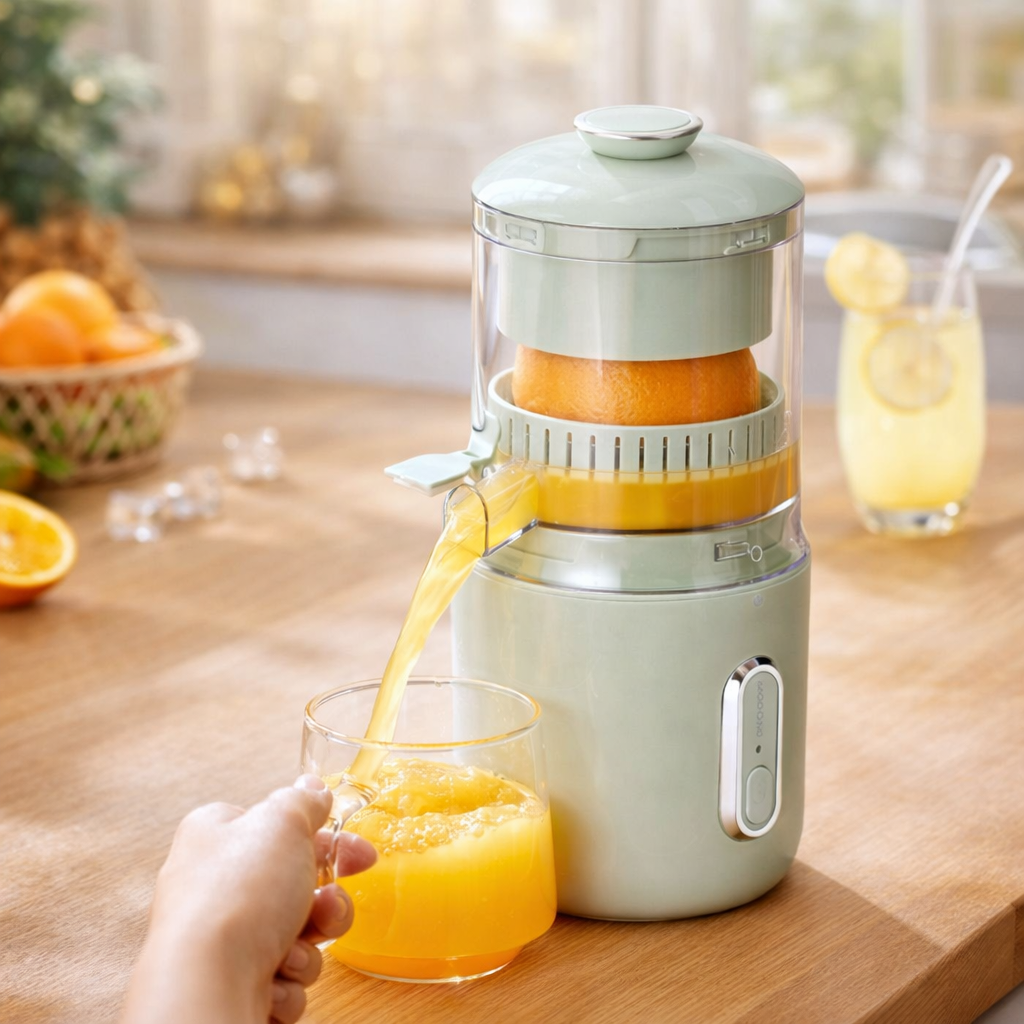 Person using a manual juicer to extract orange juice in a kitchen setting FRESH GREEN