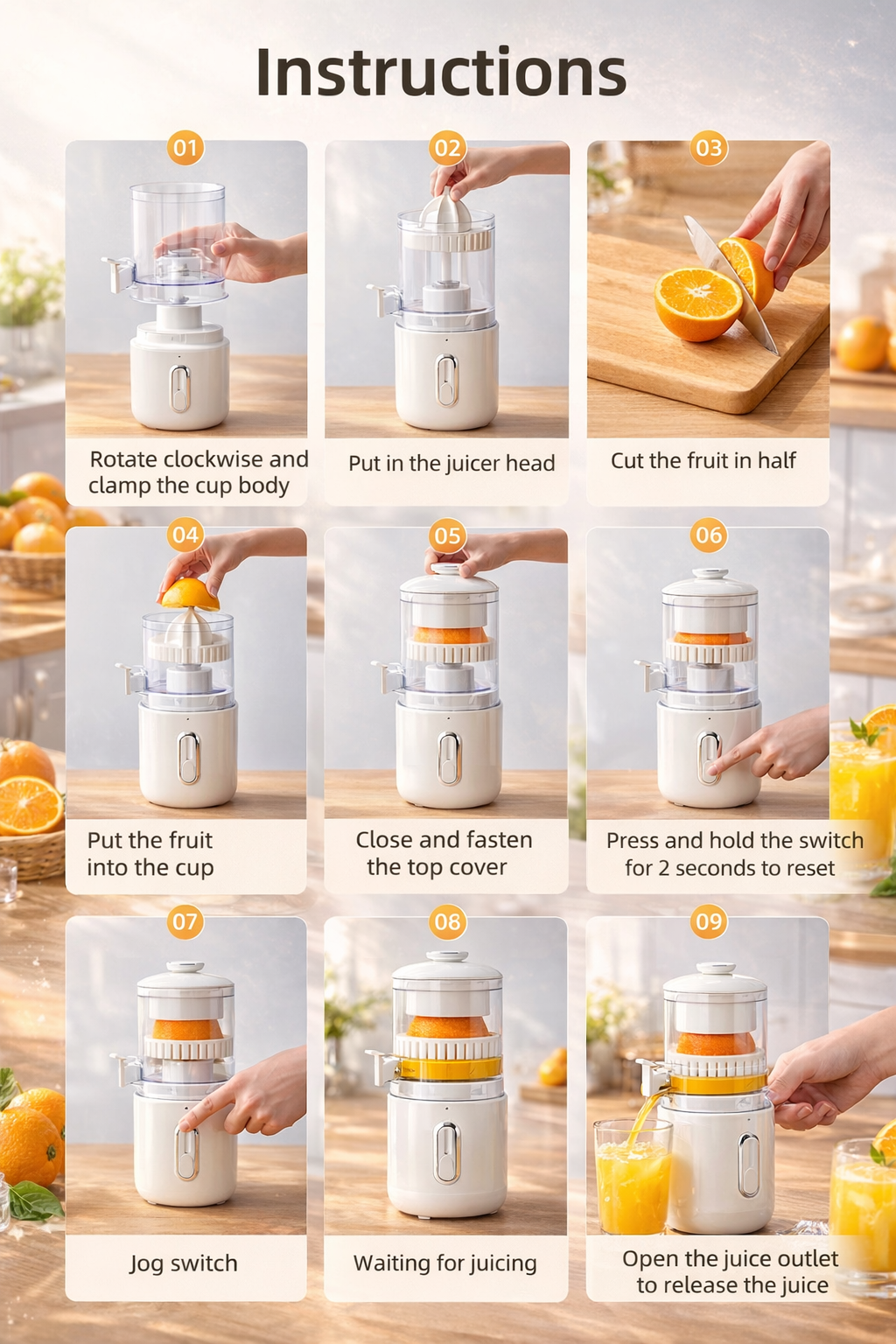 Person using a manual juicer to extract orange juice in a kitchen setting FRESH WHITE