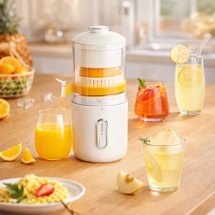 Person using a manual juicer to extract orange juice in a kitchen setting SIMPLE WHITE