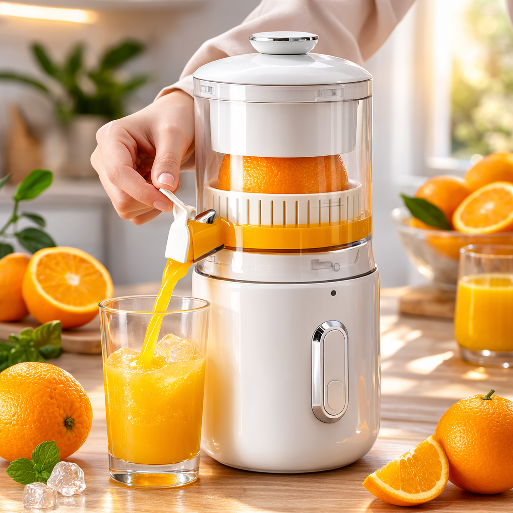 Person using a manual juicer to extract orange juice in a kitchen setting SIMPLE WHITE
