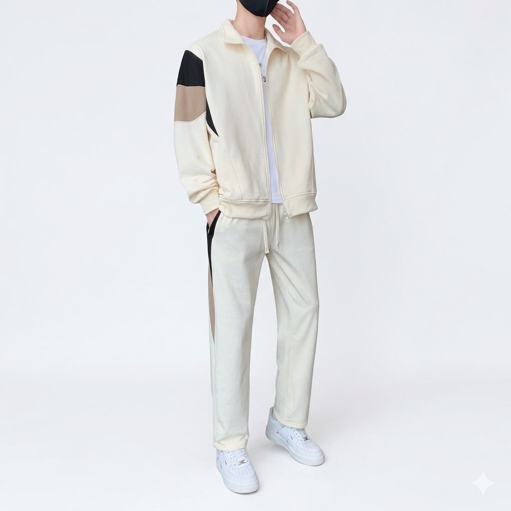 Person wearing a beige tracksuit with black accents on a white background