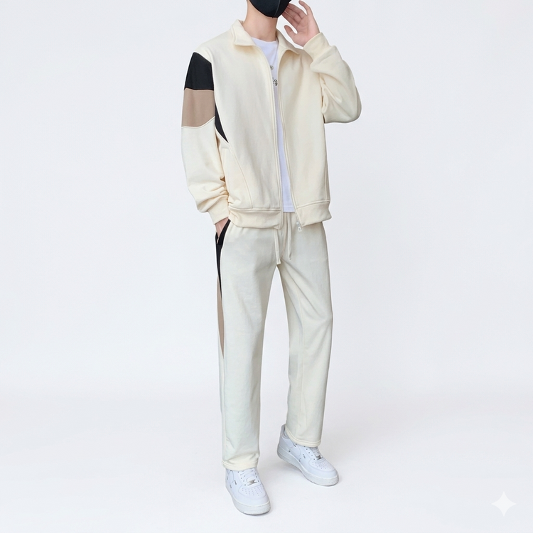 Person wearing a beige tracksuit with black accents on a white background