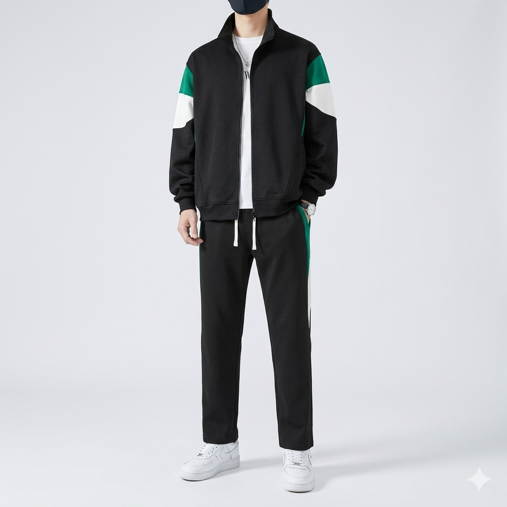 Person wearing a black and green tracksuit with white sneakers on a light gray background
