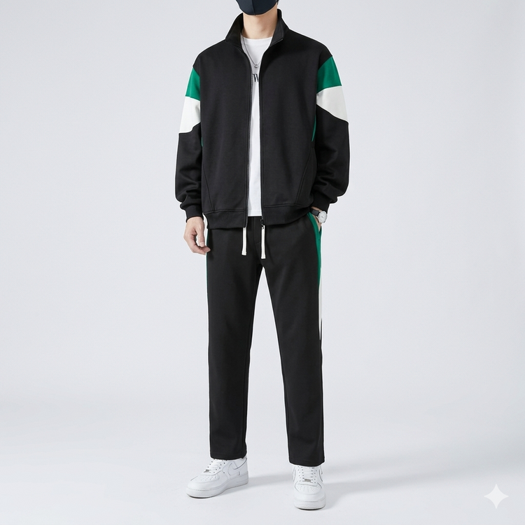 Person wearing a black and green tracksuit with white sneakers on a light gray background
