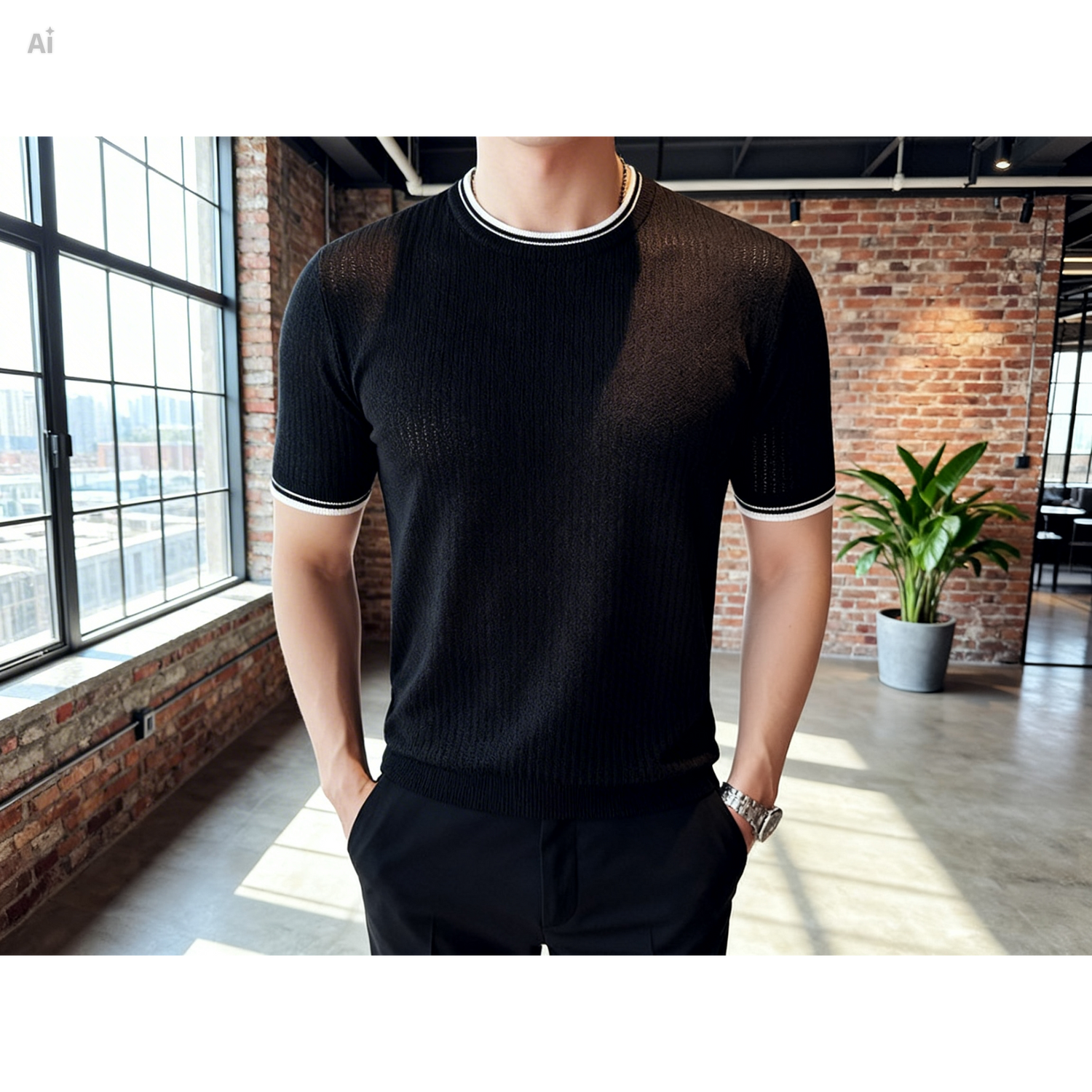 Person wearing a black mesh sweater in an indoor setting with brick walls and large windows.