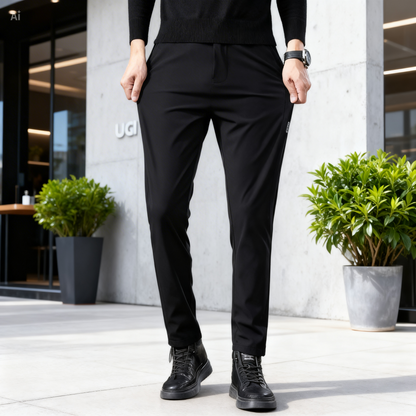 Person wearing a black outfit with pants and shoes standing in front of a building.