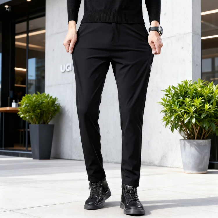 Person wearing a black outfit with pants and shoes standing in front of a building.