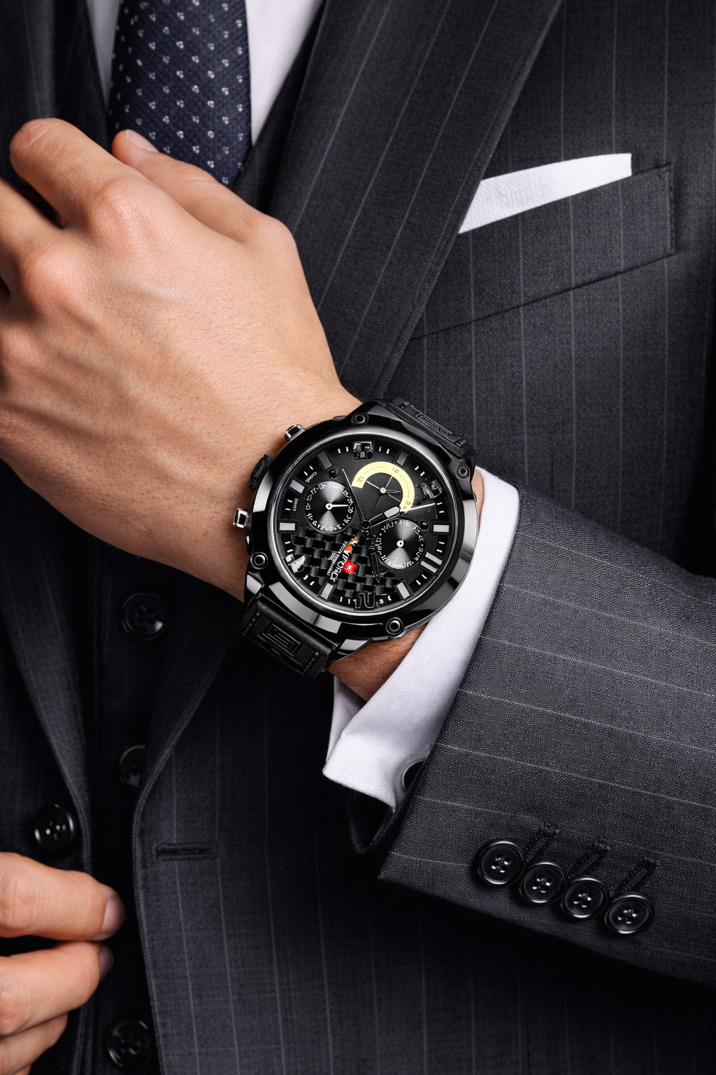 Person wearing a black suit with a detailed black watch on the wrist.