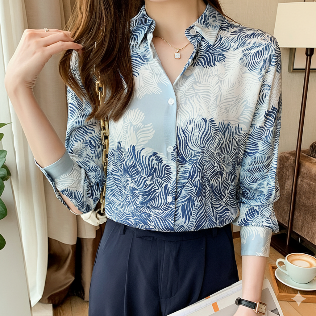 Person wearing a blue and white patterned shirt with rolled-up sleeves, standing in a room with a plant and a cup of coffee.