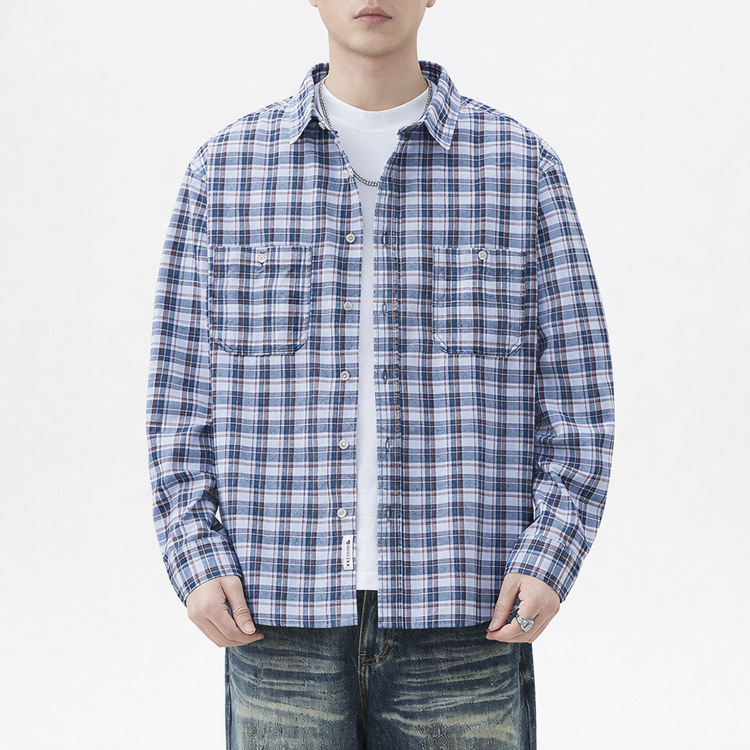 Person wearing a blue and white plaid shirt on a white background