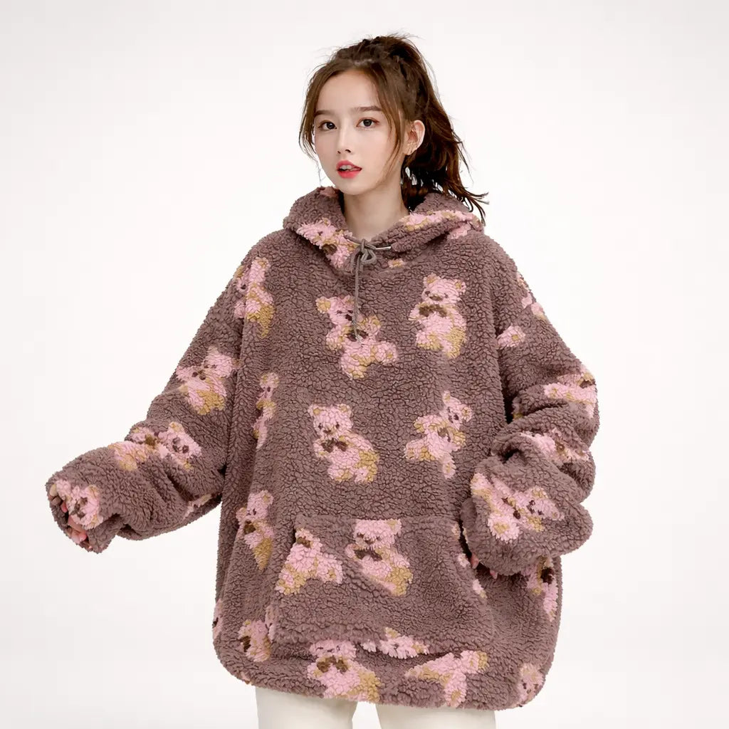 Women winter padded hoodie brown with pink teddy bear pattern front view on model