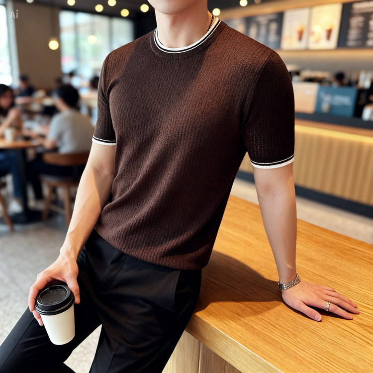 Person wearing a brown short-sleeve knit shirt in a cafe setting